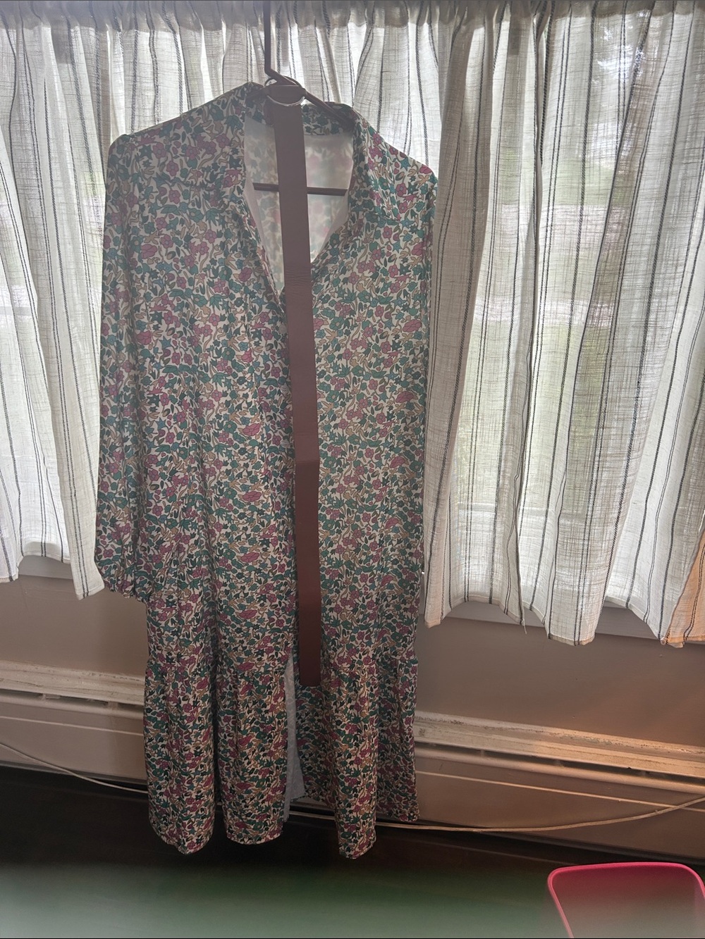 Floral Long Sleeve Green & Pink Midi Dress